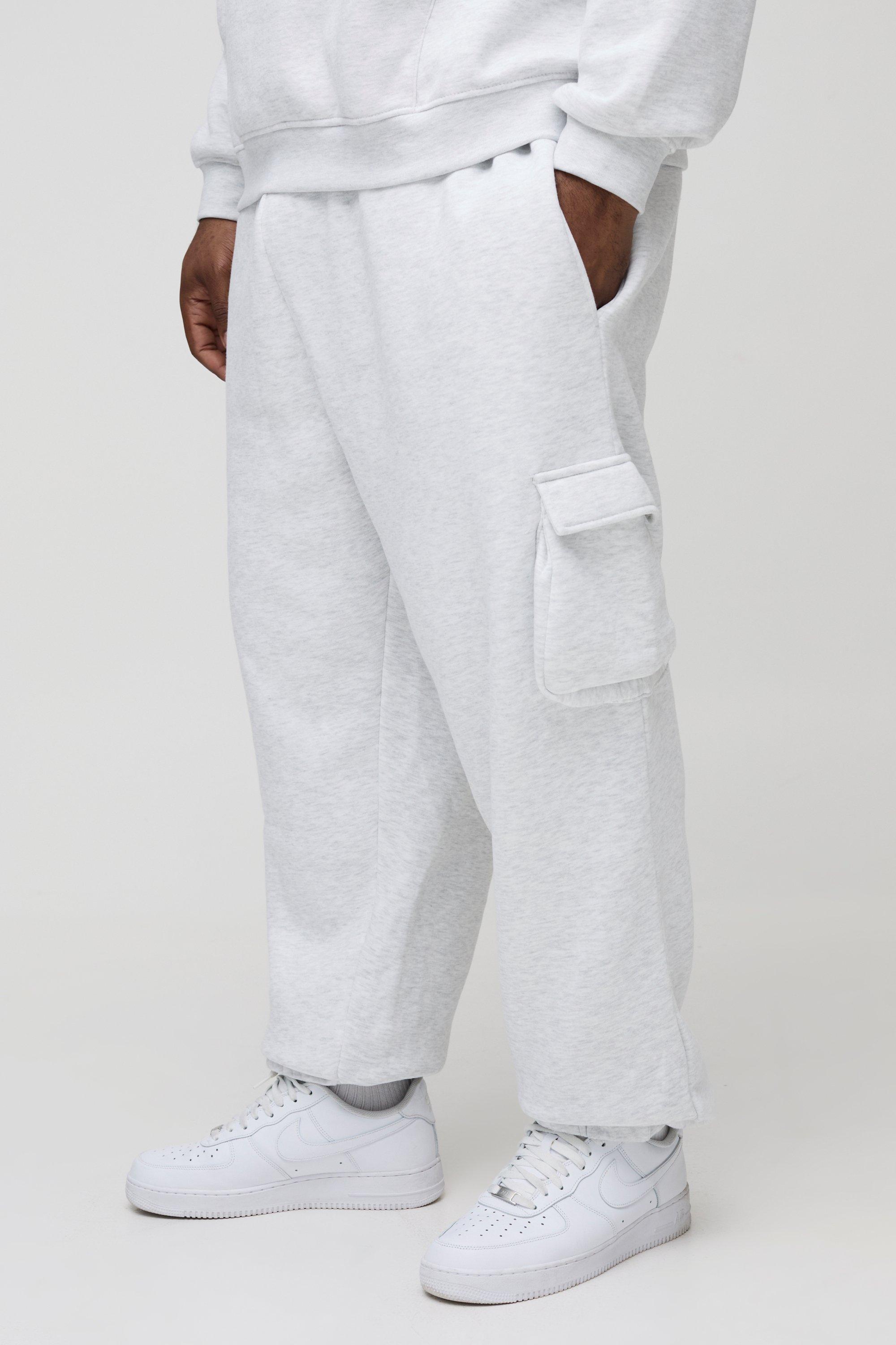 Mens 330GSM Plus Oversized Fit Cargo Joggers In Grey Marl, Grey